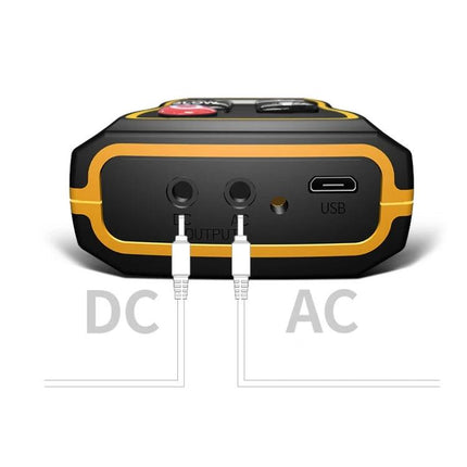 SNDWAY Handheld Noise Decibel Meter for Sound Level Monitoring showing USB port and DC/AC output jacks on device