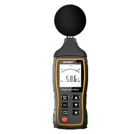 SNDWAY Handheld Noise Decibel Meter for Sound Level Monitoring showing digital display reading 58.6 dB with foam windscreen and control buttons