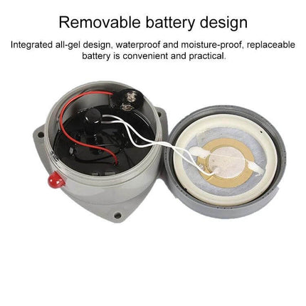 Portable Sound and Light Alarm for Water Leak Detection showing removable battery design, waterproof ABS housing and internal wiring