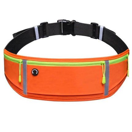 Outdoor Waterproof Belt Bag For 7 Inch Phone Waist Pack in bright orange with neon zipper, reflective strips, adjustable non-slip belt and headphone port