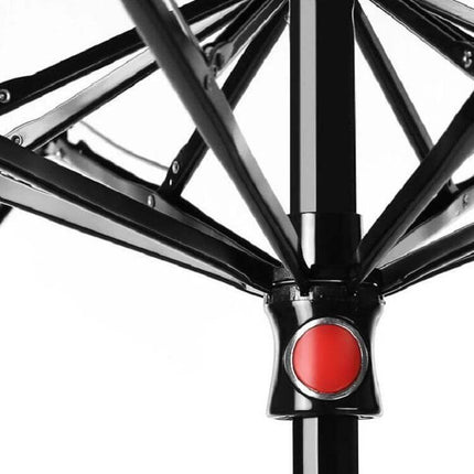 Compact Mini Pocket Umbrella for Everyday Sun and Rain Protection - close-up of black umbrella ribs and red button mechanism, lightweight portable design