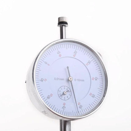 Professional Dial Indicator for Precise Engineering Measurements showing 0-10mm range and 0.01mm resolution for workshop alignment and concentricity checks