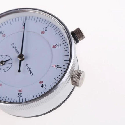 Professional Dial Indicator for Precise Engineering Measurements showing close-up of dial face 0-10mm range 0.01mm resolution for workshop alignment
