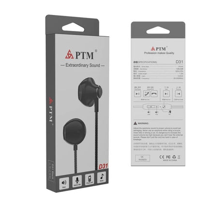 PTM Wired Earphones With Inline Mic For Calls And Commuting black D31 earphones packaging showing earbuds, mic, 3.5mm jack