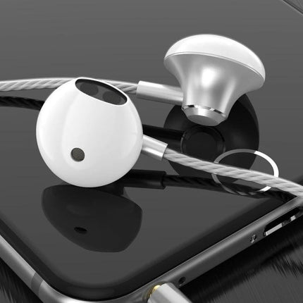 PTM Wired Earphones With Inline Mic For Calls And Commuting showing white earbuds on a smartphone with 3.5mm jack