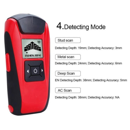 G120 Wall Detector for Scanning Hidden Metals and Wires in Walls handheld red detector showing four detecting modes and LCD display