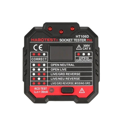 Practical Socket Voltage Tester for Home Electrical Safety showing HT106D socket tester with indicator lights and wiring fault labels