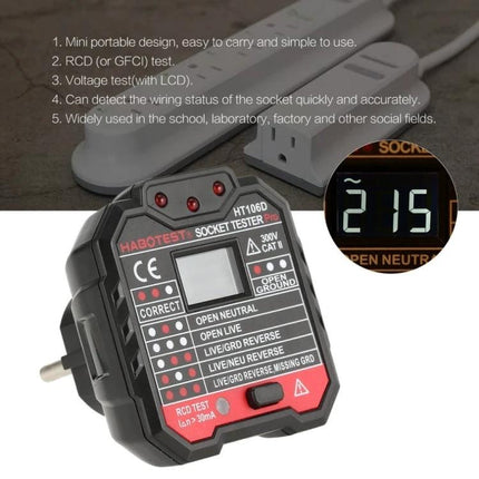 Practical Socket Voltage Tester for Home Electrical Safety - compact plug-in tester with LCD showing 215V for quick outlet checks