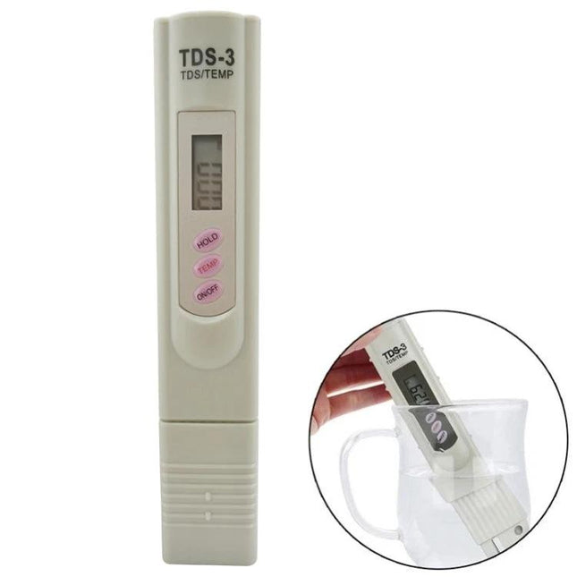 Portable Digital TDS Meter for Drinking Water Quality Testing handheld TDS-3 meter measuring ppm in a cup to test tap water, filters, aquariums