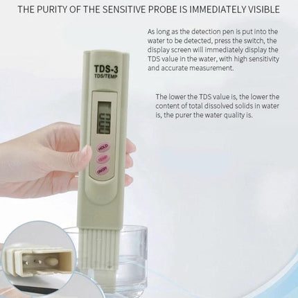 Portable Digital TDS Meter for Drinking Water Quality Testing handheld TDS-3 probe measuring ppm in a glass to test tap water and filters
