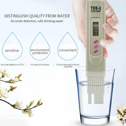 Portable Digital TDS Meter for Drinking Water Quality Testing handheld TDS-3 meter measuring ppm in a glass of water for tap, filter, hydroponics use