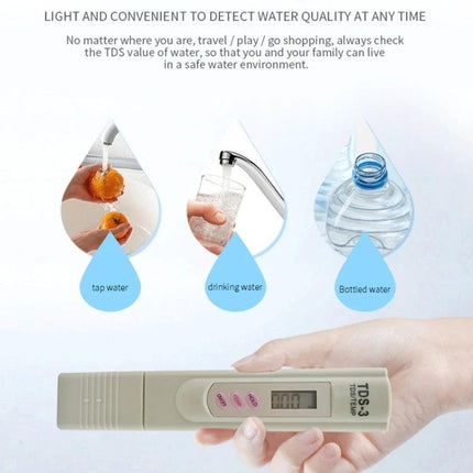 Portable Digital TDS Meter for Drinking Water Quality Testing in hand measuring tap, drinking and bottled water TDS