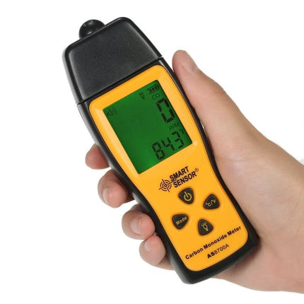 Portable Handheld Carbon Monoxide Gas Detector for Safety Monitoring — SMART SENSOR handheld CO meter with digital display showing 84.3 PPM