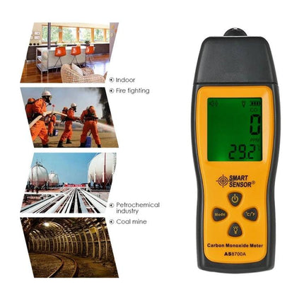 Portable Handheld Carbon Monoxide Gas Detector for Safety Monitoring - SMART SENSOR handheld CO meter showing digital display and use cases (home, fire, industrial)