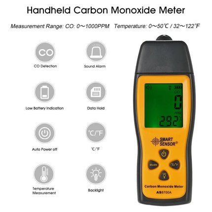 Portable Handheld Carbon Monoxide Gas Detector for Safety Monitoring - SMART SENSOR handheld CO meter with digital display and backlight, model AS8700A