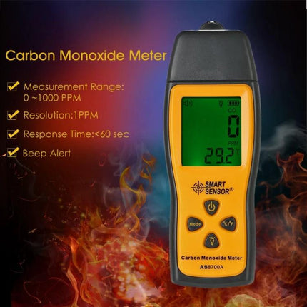 Portable Handheld Carbon Monoxide Gas Detector for Safety Monitoring - SMART SENSOR yellow handheld CO meter with digital display and buttons
