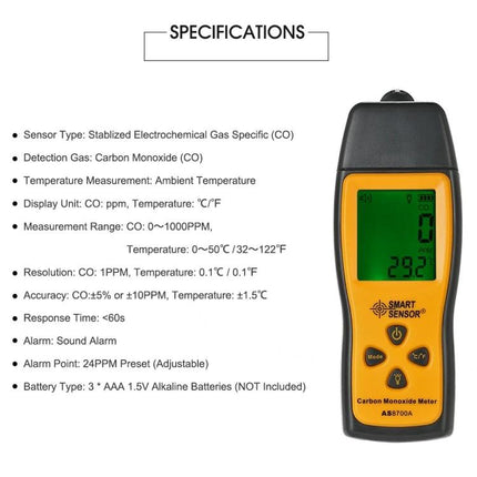 Portable Handheld Carbon Monoxide Gas Detector for Safety Monitoring - SMART SENSOR handheld CO meter with digital display and buttons
