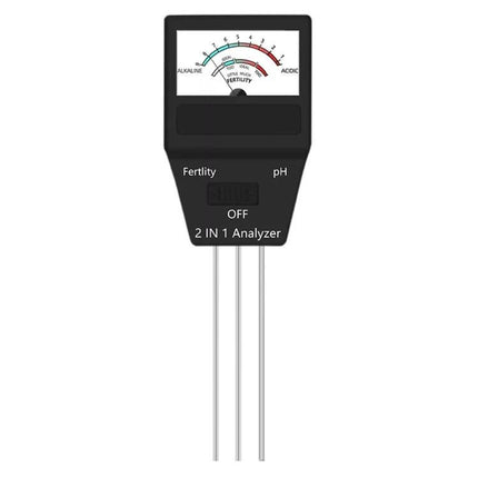 Dual Function Soil pH and Fertility Tester for Gardening - analog 2-in-1 soil probe showing pH and fertility meter, battery-free garden tool