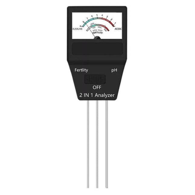 Dual Function Soil pH and Fertility Tester for Gardening - analog 2-in-1 soil probe showing pH and fertility meter, battery-free garden tool
