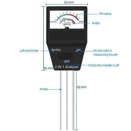 Dual Function Soil pH and Fertility Tester for Gardening - analog 2-in-1 probe showing pH scale and fertility meter