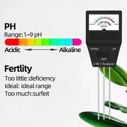Dual Function Soil pH and Fertility Tester for Gardening handheld 2-in-1 probe showing pH color scale and fertility meter