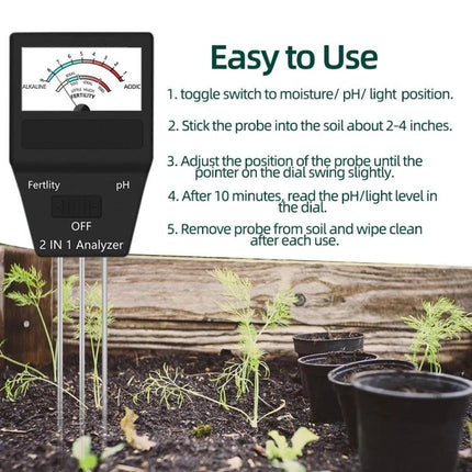 Dual Function Soil pH and Fertility Tester for Gardening inserted in garden soil showing probe and easy-to-use instructions