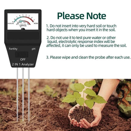 Dual Function Soil pH and Fertility Tester for Gardening inserted into garden soil measuring pH and fertility for healthy plants