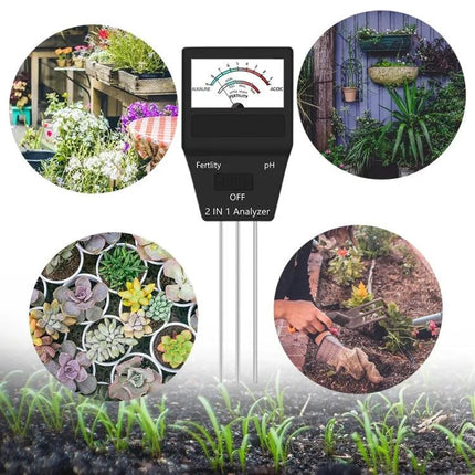 Dual Function Soil pH and Fertility Tester for Gardening inserted in garden soil showing pH and fertility meter readings