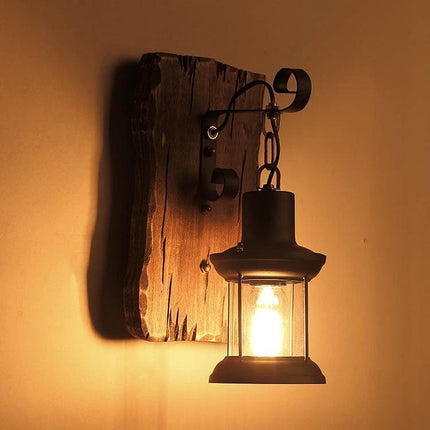 Vintage Wall Lamp for Cozy Home Cafe Lighting — rustic wooden wall sconce with hanging lantern and warm incandescent glow