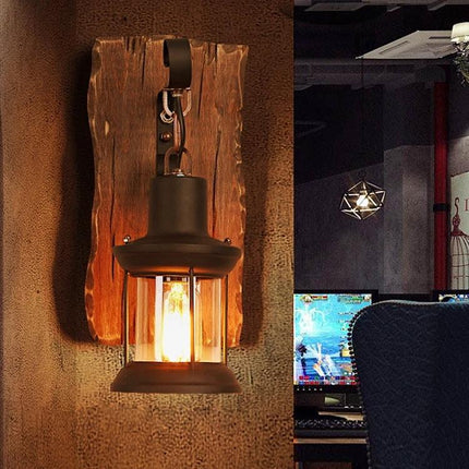 Vintage Wall Lamp for Cozy Home Cafe Lighting - rustic hanging wall sconce on wooden backplate illuminating a cafe corner
