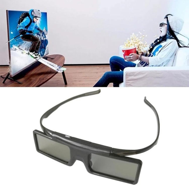 LESHP Universal Bluetooth Active Shutter 3D Glasses for Projectors black wireless 3D glasses shown with home theater viewer and popcorn