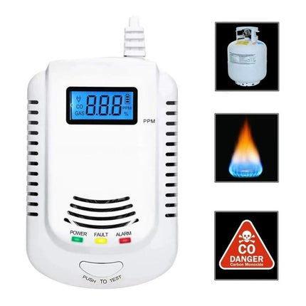 Coalgas Home Gas Leak Detector for Natural and Propane Safety white wall-mounted detector with digital display and propane, flame, CO icons