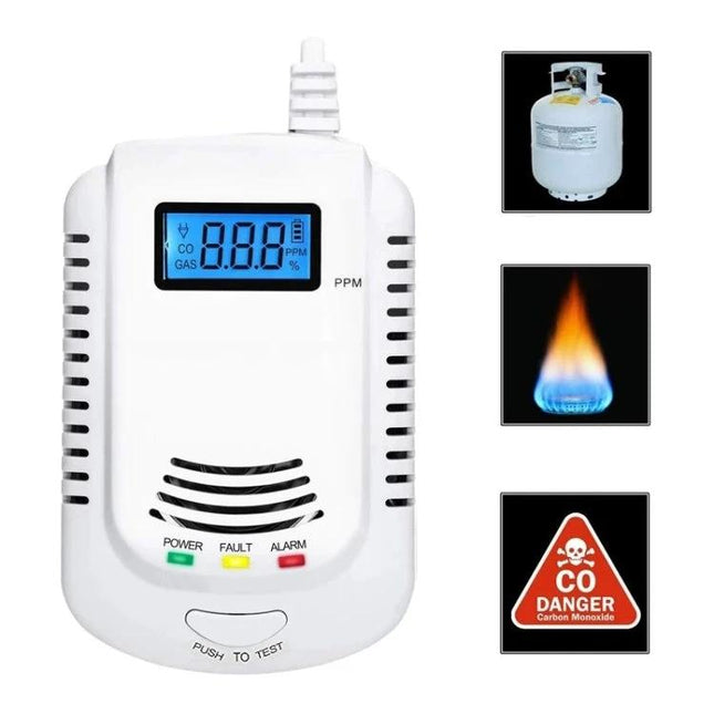 Coalgas Home Gas Leak Detector for Natural and Propane Safety white wall-mounted detector with digital display and propane, flame, CO icons
