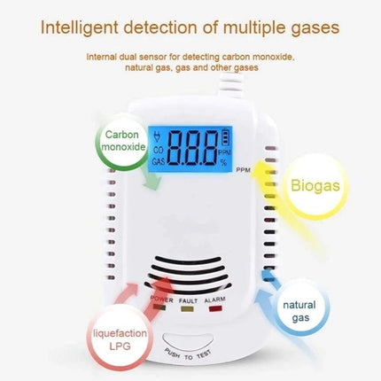 Coalgas Home Gas Leak Detector for Natural and Propane Safety digital sensor unit showing LCD, alarm lights and labels for carbon monoxide, biogas, LPG and natural gas