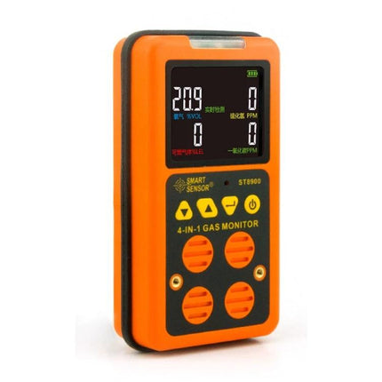 Smart Sensor Portable 4-in-1 Gas Detector for Air Monitoring handheld orange gas monitor showing digital display and sensor ports