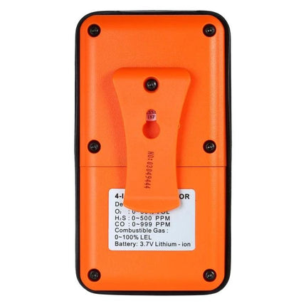 Smart Sensor Portable 4-in-1 Gas Detector for Air Monitoring orange handheld back view with belt clip and sensor specifications label