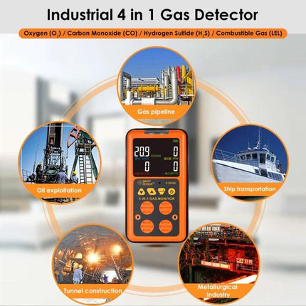 Smart Sensor Portable 4-in-1 Gas Detector for Air Monitoring showing CO H2S O2 LEL readings for industrial, ship, tunnel and oil site use