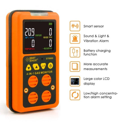 Smart Sensor Portable 4-in-1 Gas Detector for Air Monitoring handheld orange device showing LCD, alarms, and 4-in-1 sensors