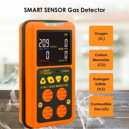 Smart Sensor Portable 4-in-1 Gas Detector for Air Monitoring handheld orange 4-in-1 gas monitor showing CO H2S O2 LEL readings