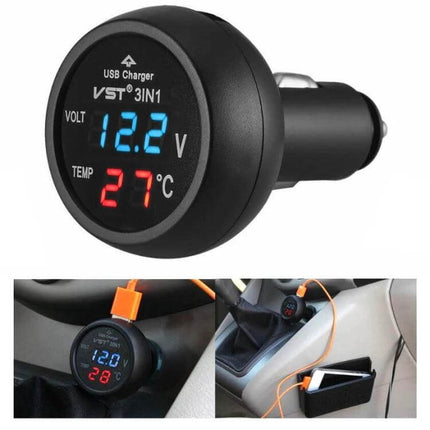 Car USB Charger With Voltage Display For Real Time Monitoring - compact 12V/24V cigarette lighter USB charger showing 12.2V and 27°C temperature