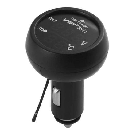 Car USB Charger With Voltage Display For Real Time Monitoring plugged into cigarette lighter showing voltage and temperature display