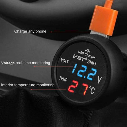 Car USB Charger With Voltage Display For Real Time Monitoring – round 12V/24V USB car charger with digital voltmeter (12.2V) and temperature display (27°C)