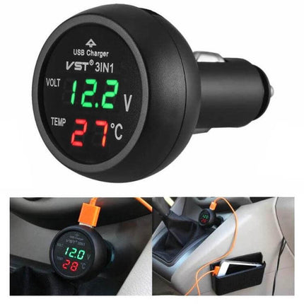 Car USB Charger With Voltage Display For Real Time Monitoring - black 12/24V USB charger showing 12.2V and 27°C temperature in car