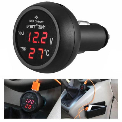 Car USB Charger With Voltage Display For Real Time Monitoring - black 12/24V plug-in USB charger showing 12.2V and 27°C display