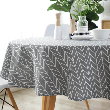 Round Tablecloth, Cotton-Linen Print, 100 120 150 cm - Gray herringbone cotton-linen round tablecloth for indoor or outdoor dining