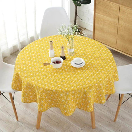 Round Tablecloth, Cotton-Linen Print, 100 120 150 cm yellow geometric print on round dining table protecting tabletop and suited for indoor or outdoor use