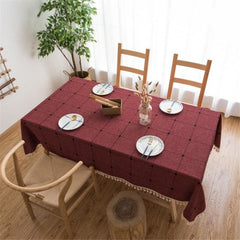 Chic Lattice Pattern Cotton Linen Table Cover with Elegant Tassels - Multi-Purpose Rectangular Mat for Home Decor Red 60x60cm