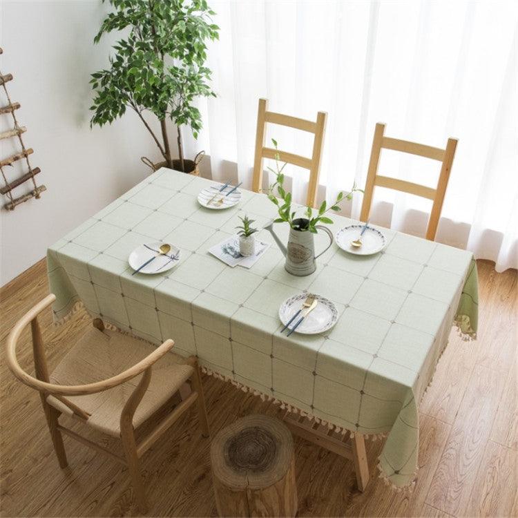 Chic Lattice Pattern Cotton Linen Table Cover with Elegant Tassels - Multi-Purpose Rectangular Mat for Home Decor Green 90x90cm