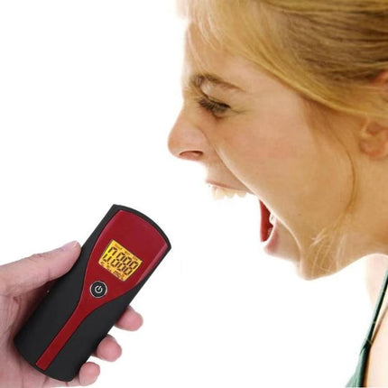 Digital Breathalyzer for Quick and Easy Alcohol Detection showing hand-held device with LCD screen and user blowing into it for fast BAC check