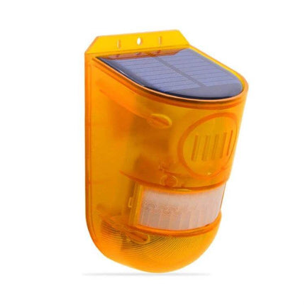 Solar Powered Motion Sensor Alarm Light for Farm Security - yellow solar-powered motion alarm with PIR sensor and built-in solar panel for perimeter monitoring